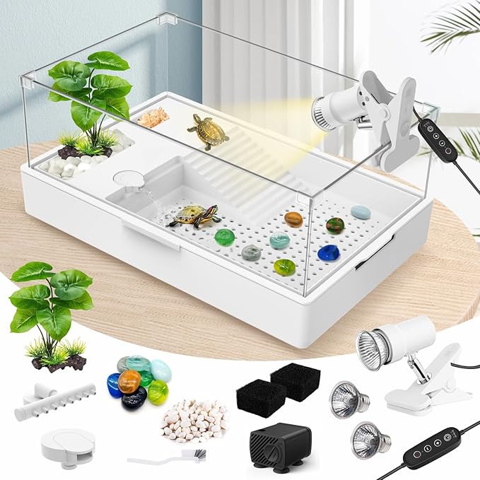 GOZILLA Large Turtle Tank Kit+Water Pump+Lamp, Acrylic Turtle Tank Starter Kit with Adjustable 5W Water Pump and Timing/Dimming Lamp, Multi-Functional Area for Small/Medium Turtles(Large-White Kit).