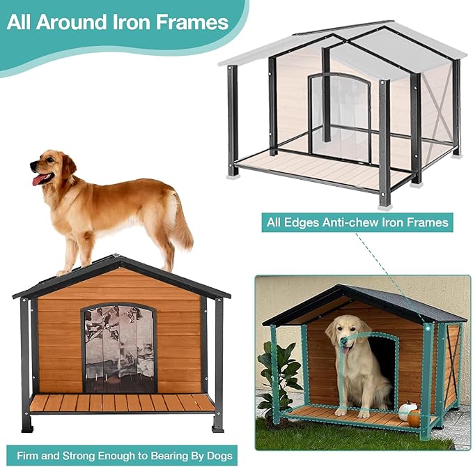 Outdoor Dog House,Weatherproof Wooden Dog Shelter for Small to Medium Sized Dogs,Iron Frame Indoor Outdoor Doghouse,Puppy Kennel,Pets Warm House in Winter with Large Porch