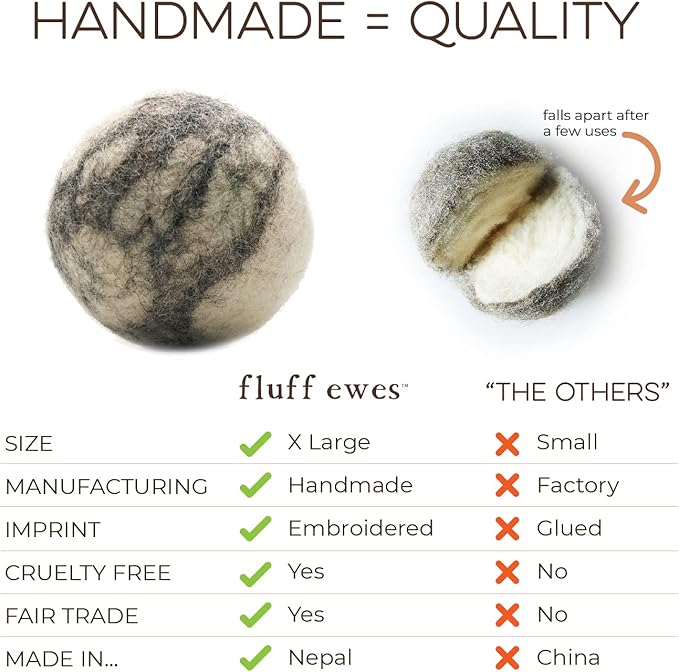 Fluff Ewes Wool Dryer Balls 6 Pack Premium New Zealand Wool Laundry Balls for Dryer, No Static Dryer Balls Laundry Reusable Cute, XL Wool Dryer Balls Cute, Baby Dryer Balls for Dryers - Marble