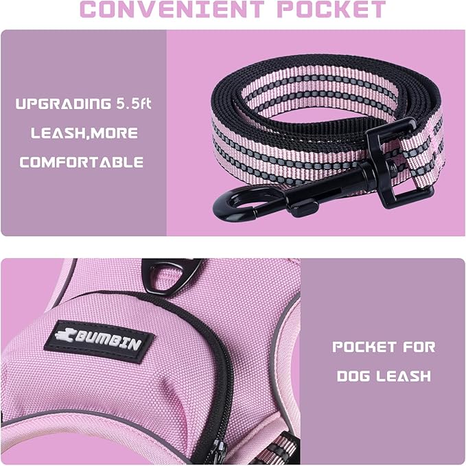 BUMBIN Dog Harness for Large Dogs, No Pull Adjustable No Choke Pet Vest with Dog Leash Fit Smart Reflective Pet Walking Harness for Training Easy Control Soft Handle Pink XL