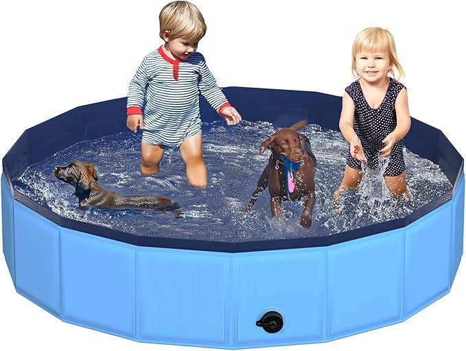 79" x 12" Foldable Dog Pool - Collapsible Hard Plastic Kiddie Pool for Dogs & Kids, Non-Slip Pet Bath Tub for Outdoor Backyard Use, Lightweight & Portable (Blue)