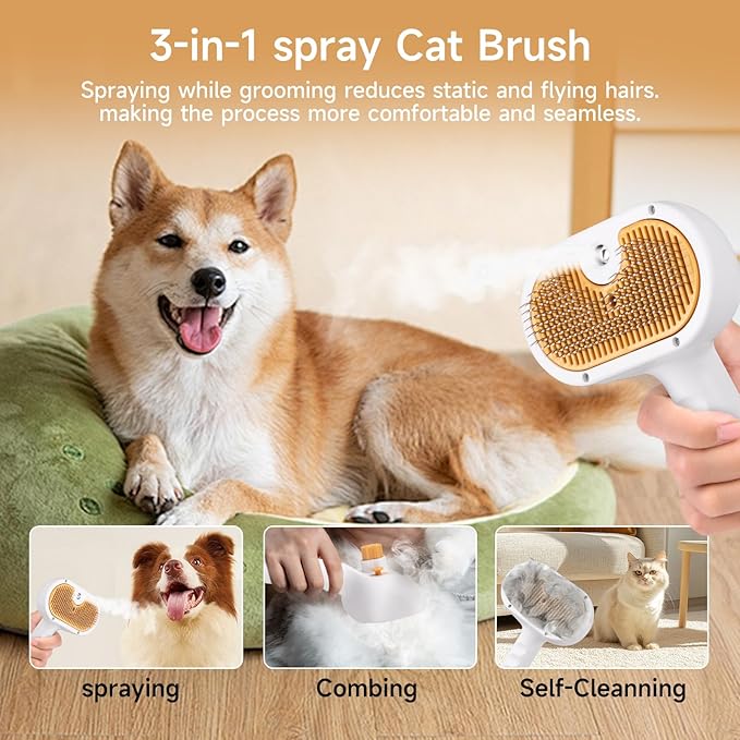 Pet Steam Brush for Dog & Cat – 3-in-1 Spray Hair Removal Comb – Steam for Shedding & Grooming – Water Brush for Long & Short Haired Pets – Spritz Defur Comb – Includes 2*Waterless Shampoo