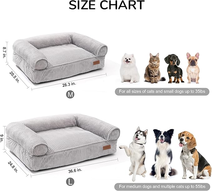 FUKUMARU Dog Couch Bed, Corduroy Cozy Cat Bed for Indoor Cats with Washable Cover, Supportive Waterproof Dog Beds Sofa for Small Dogs and Large Cats Cute, 28inch, Medium, Light Grey