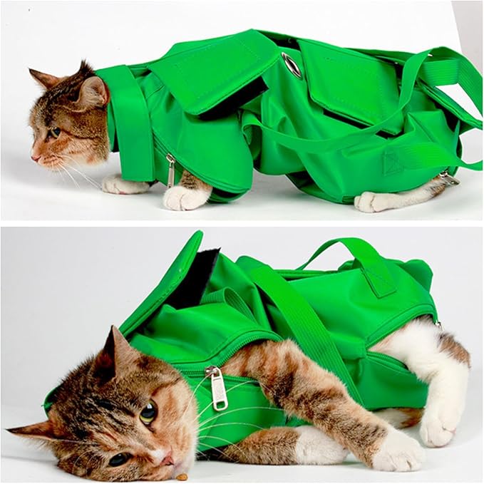 HDKUW Cat Grooming Bag,Foldable Travel Carrier for Cats,Anti-Bite Anti-Scratch Cat Grooming Restraint Bag,Pet Carrier for Administering Eye Drops,Ear Cleaner,Clipping Nails Green M