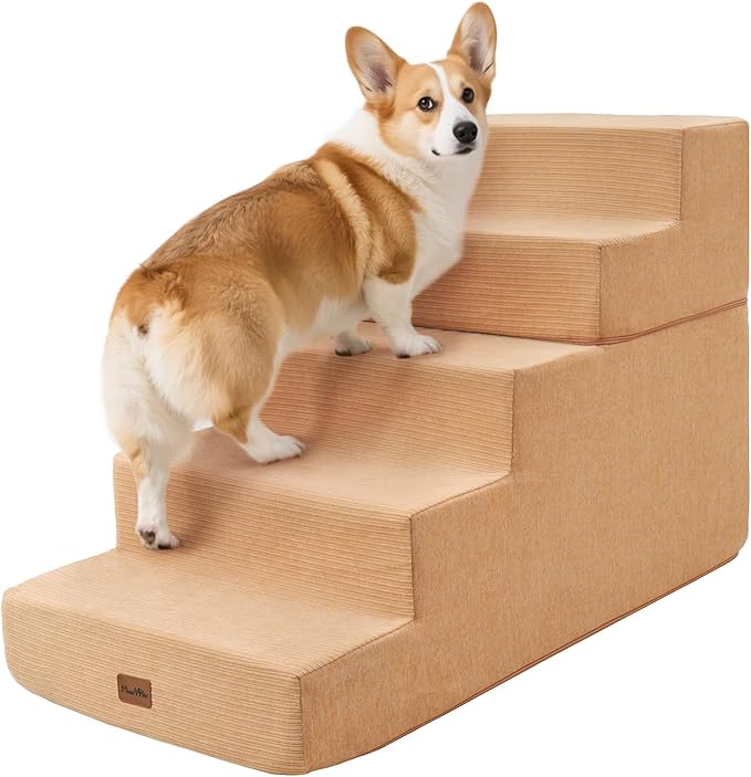 Made4Pets Dog Stairs for High Bed, Extra Wide Pet Stairs for Bed Couch Sofa, 35D Foam Pet Steps for Small Dogs and Cats, Non-Slip Bottom Dog Steps, Tan, 5 Steps