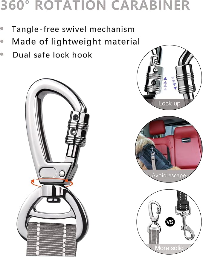 AUBELL Dog Seat Belt for Car,Updated 3-in-1 Adjustable Reflective Bungee Heavy Duty Dog Car Harness Tether with Clip Hook Latch & Buckle,Swivel Zinc Alloy Carabiner,Grey