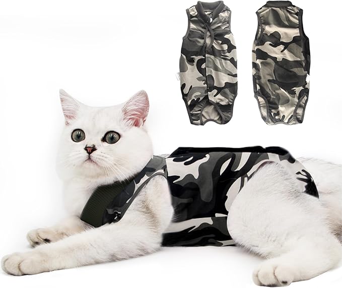 DOTON Cat Recovery Suit for Male and Female Surgical Post Surgery Soft Cone Onesie Shirt Clothes Neuter Licking Protective Diapers Outfit Cover Kitten Spay Collar(M, Camouflage)