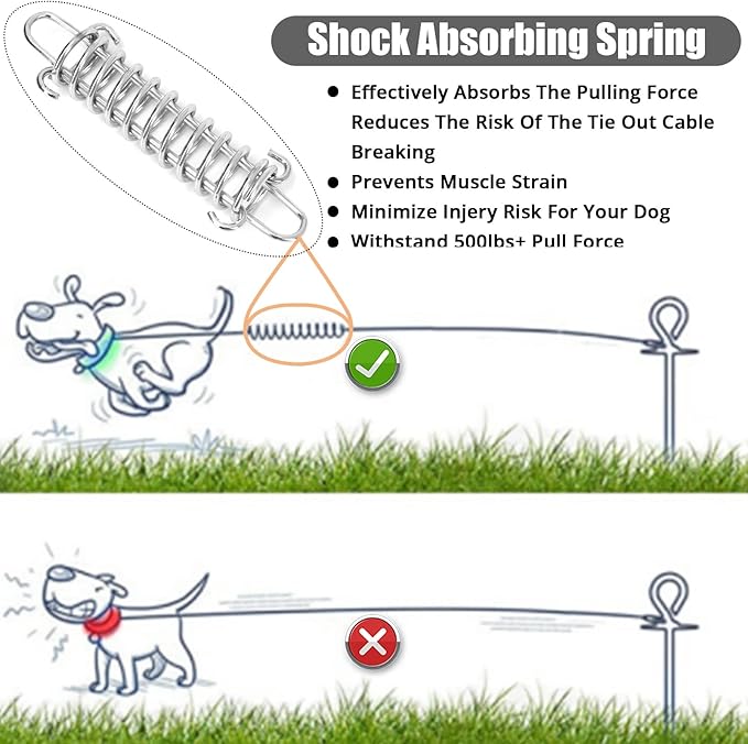 jenico Dog Tie Out Cable - 25ft Dog Lead for Yard - Heavy Duty Dog Chain with Shock Spring - Outdoor Tether Leash for Small Large Dogs Up to 500 lbs