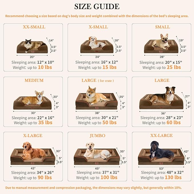 Comfort Expression Large Dog Beds Orthopedic Foam, Waterproof Dog Beds Dogs Sofa Bed Comfy Pet Bed with Washable Removable Cover & Non-Slip Bottom(Large,Brown)
