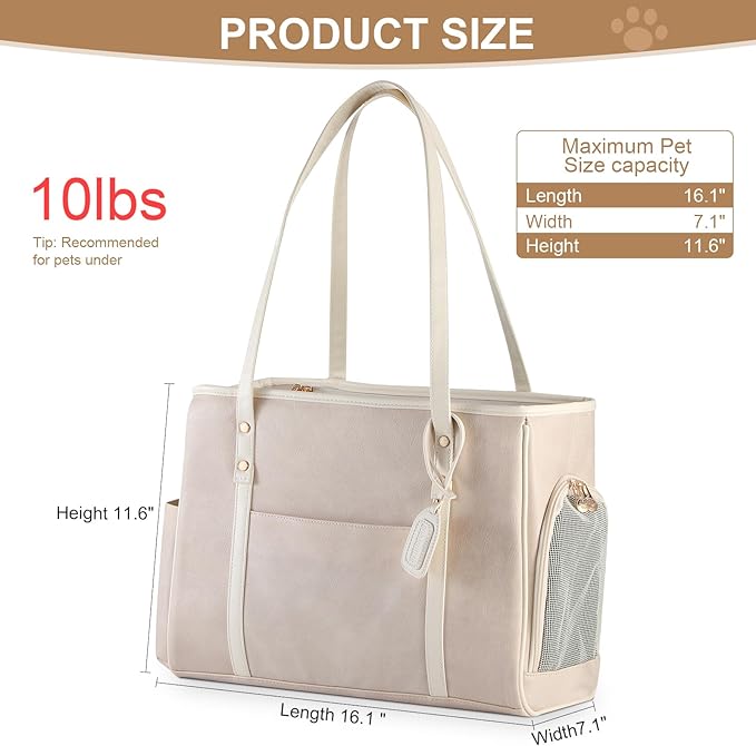 Fashion Dog Carrier Purse, Premium Leather Cat Carrier Bag, Airline Approved Soft Sided Pet Travel Tote Bag with Pockets Beige
