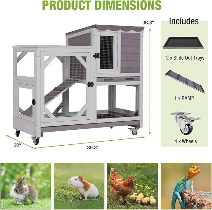 GUTINNEEN 2-Story Rabbit Hutch Indoor with Chew-Proof Design & Slide-Out Trays - Wooden Small Animal Cage Guinea Pig Cages with Lockable Wheels for 2-3 Rabbits, Bunnies, Guinea Pigs (Grey)