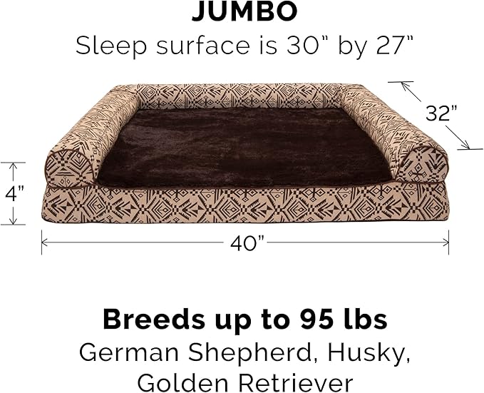 Furhaven Orthopedic Dog Bed for Large Dogs w/ Removable Bolsters & Washable Cover, For Dogs Up to 95 lbs - Plush & Southwest Kilim Woven Decor Sofa - Desert Brown, Jumbo/XL