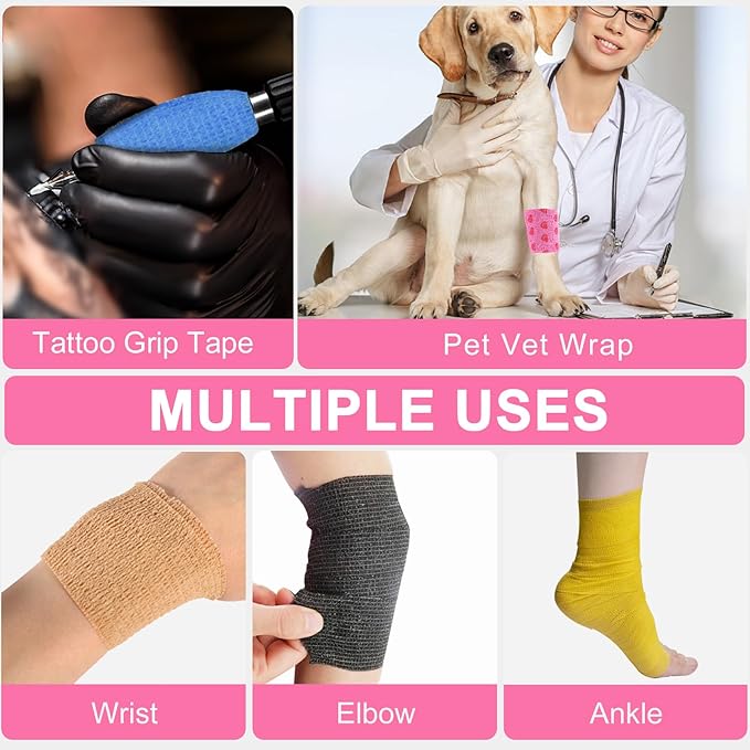 24 Pack Self Adhesive Vet Wrap & Medical Tape, 2 Inch x 5 Yards Cohesive Bandage Wrap - Pink Heart Grip Tape for Ankle, Wrist Sprains, Sports, Pet First Aid
