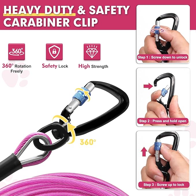 Snagle Paw Heavy Duty Dog Leads - 100FT-1000LBS, Tie Out Cable with Swivel Lockable Hook & Spring, Chew Proof Chain for Outside Dog Run