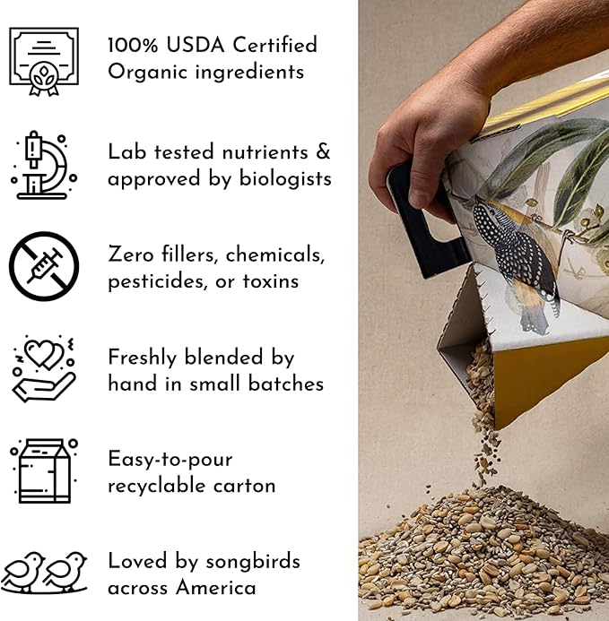 Flying Colors Premium Organic Wild Bird Seed | Squirrel-Proof Safflower Seed | 100% USDA Organic, No Fillers, No Pesticides | 3 Gallon Easy-Pour Carton