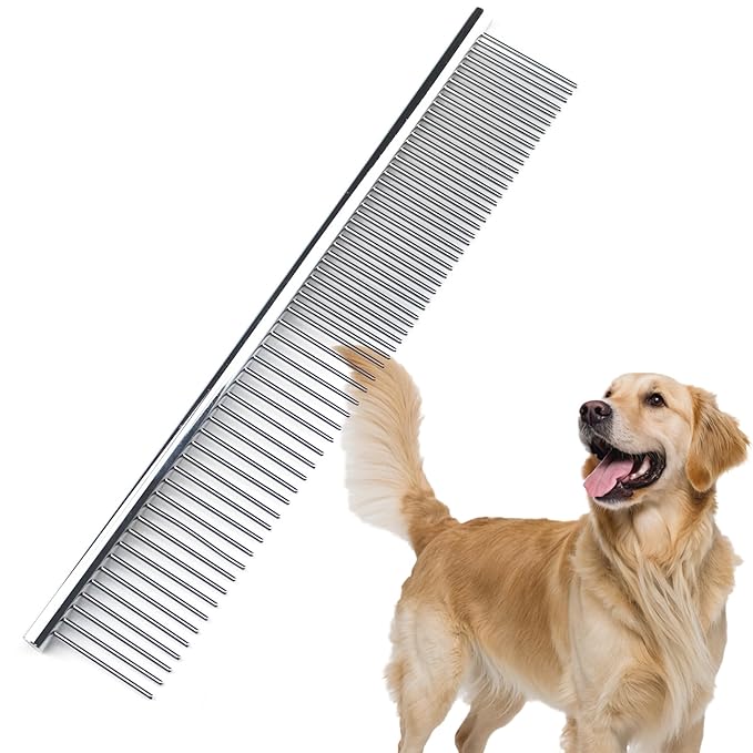 Dog Comb to Remove Tangles and Knots, Cat Comb with Stainless Steel Teeth and Non-Slip Handle, Dog combs for grooming matting for Long Haired Pets (Large)