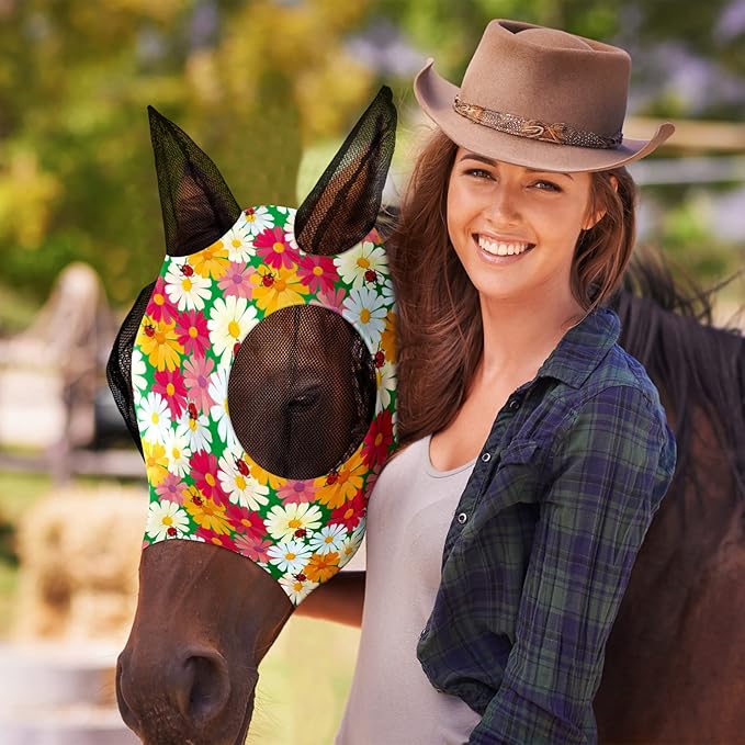 Qualirey12 Pieces Horse Fly Mask Bulk Comfortable Elasticity Mask for Horses with Ears Net UV Protection Breathable Horse Supplies Face Covering for Horse Pony and Foal (Flower Patterns, Medium)