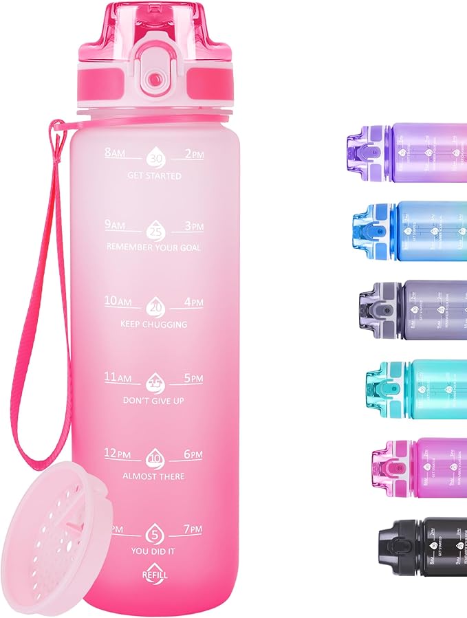 32oz Motivational Water Bottles with Time Marker & Fruit Strainer, Transparent Gradient Color Water Bottle with Times to Drink, Leakproof & BPA Free, Reusable Bottle with Strap (No Straw)