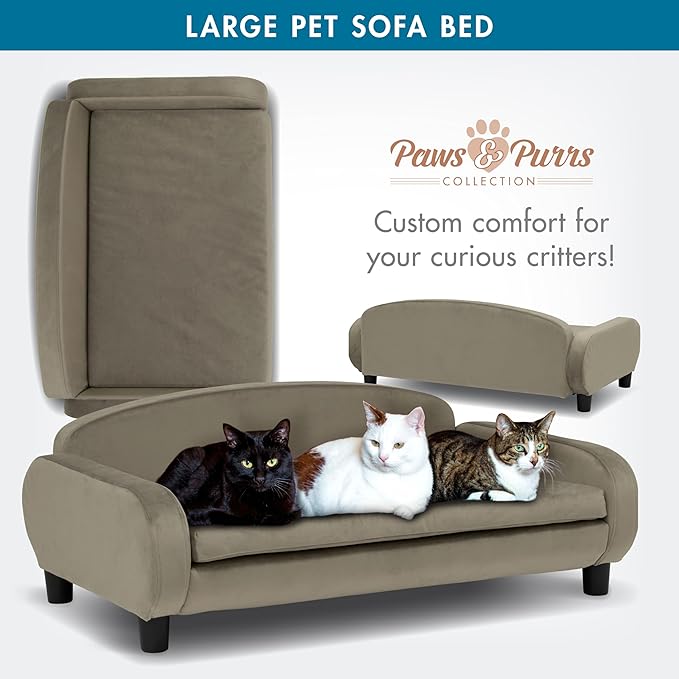 Paws & Purrs Multi-Cat Sofa Bed – 41.5″ Wide Elevated Pet Couch with 3″ Foam Mattress, Removable Machine-Washable Cover – Stylish Indoor Pet Furniture for Two or More Cats and Dogs, Ash