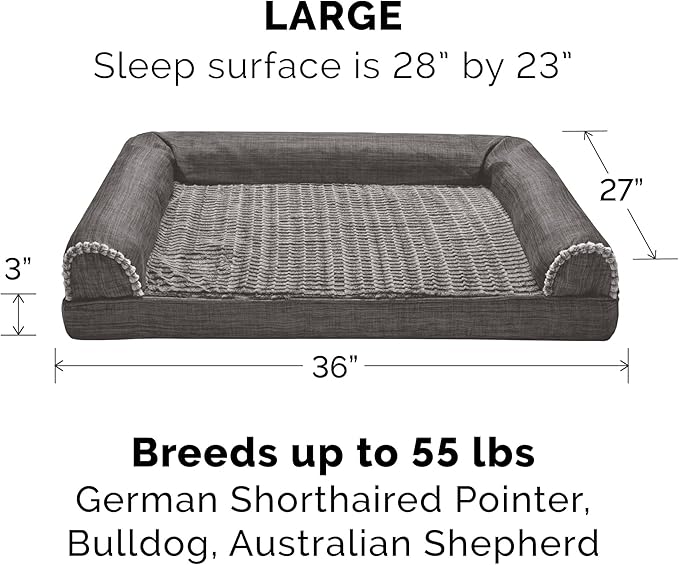 Furhaven Cooling Gel Dog Bed for Large/Medium Dogs w/ Removable Bolsters & Washable Cover, For Dogs Up to 55 lbs - Luxe Faux Fur & Performance Linen Sofa - Charcoal, Large