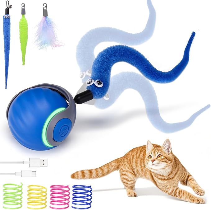 AIERSA Interactive Cat Toys for Indoor Adult Cats, Automatic Self-Play Cat Ball Toy for Kitten to Keep Them Busy, Electric Speed Tail Moving Cat Toy with 3 Tails and 4 Springs (Blue)