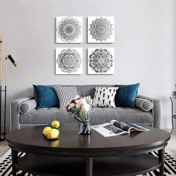 Black and white art Decorative pattern Canvas Wall Art for Living Room Bedroom wall decor Bathroom decorations,4 piece Modern Home decoration inspirational wall paintings Posters Pictures artwork