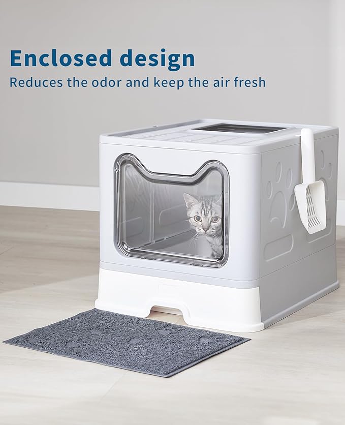 Cat Litter Box with Litter Mat and Scoop, Large Foldable Litter Box with Lid, Front Entry Top Exit Kitty Box, Odor Control, Easy to Clean (Grey)