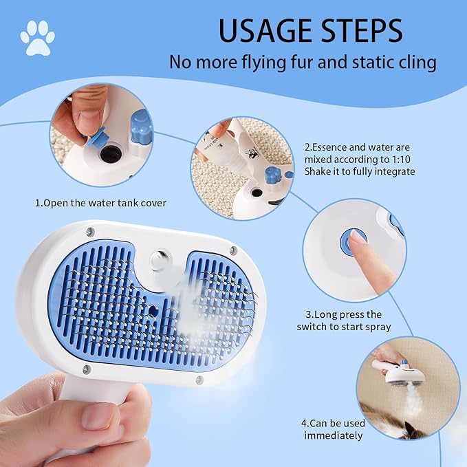 Cat Steam Brush for Shedding,3 In 1 Steam Brush for Dogs & Cats,Spray Hair Removal Comb,Includes Waterless Shampoo,Suitable for Long-haired and Short-haired Pets
