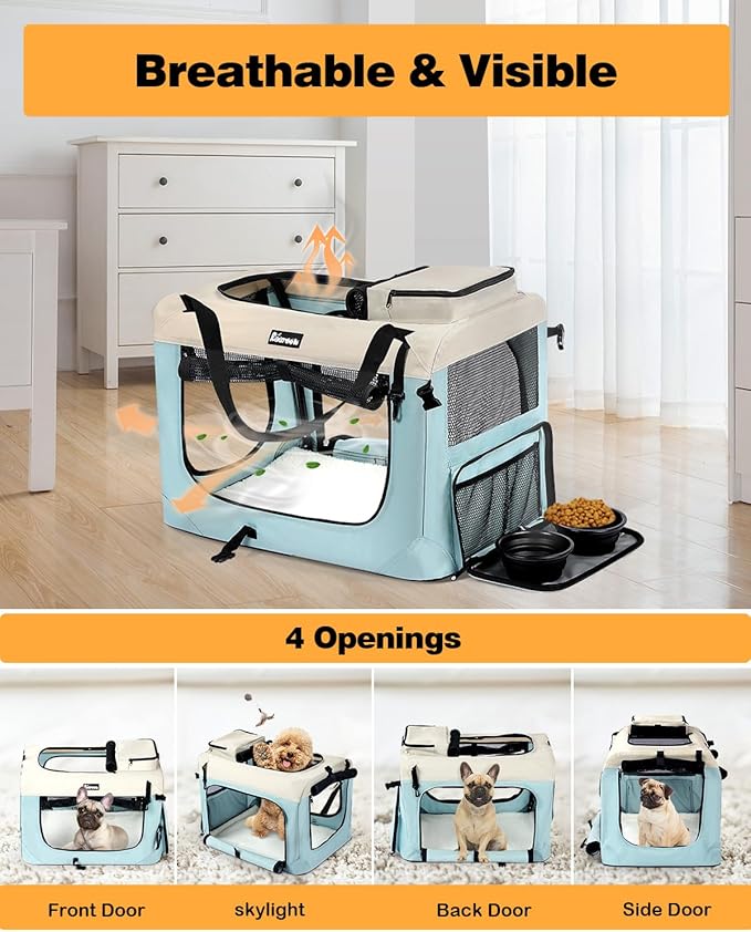 Extra Large Dog Crate with 2 Foldable Bowl, 36 Inch Collapsible Travel Dog Crate Kennel with Soft Blanket for Medium Dogs,Indoor & Outdoor (36" L x 25" W x 25" H, Blue)