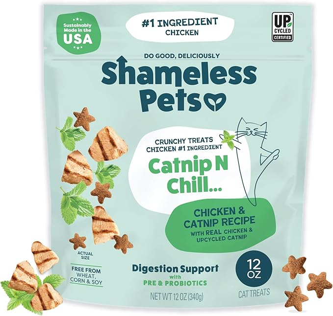 Shameless Pets Crunchy Cat Treats - Catnip Treats for Cats with Digestive Support, Kitten Treats with Real Chicken, Natural & Healthy Flavored Feline Snacks - Catnip N Chill, 1-Pk (12 Oz)