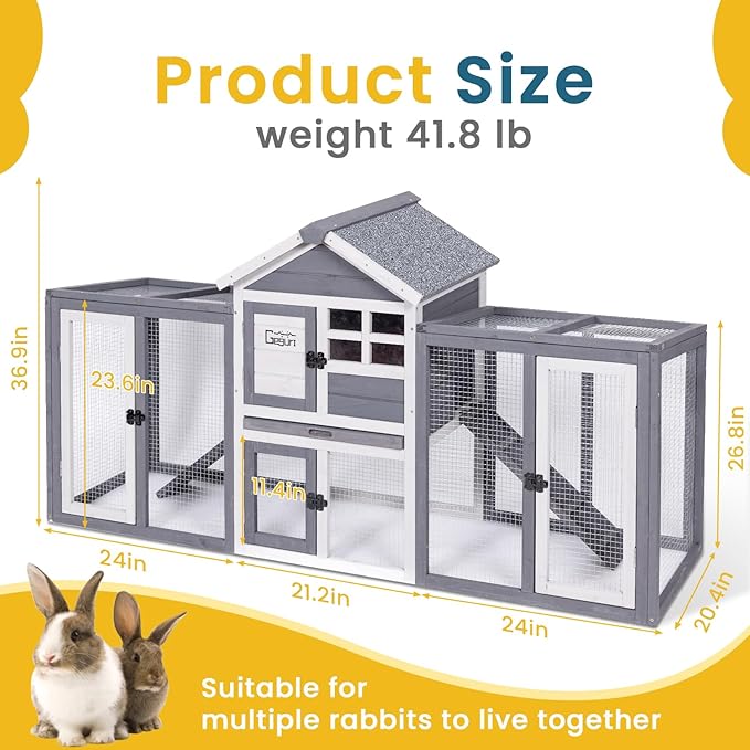 GEGURI Wooden Rabbit Hutch, Indoor Outdoor Chicken Coop Bunny Cage with Waterproof Roof