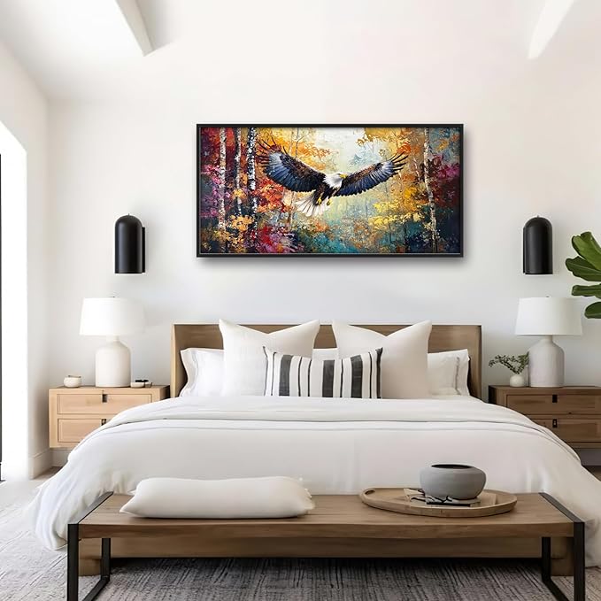 Extra Large Framed Bald Eagle Wall Art,Abstract Colorful Forest Wall Decor,Autumn Fall Forest Pictures for Living Room,Canvas Print Painting Modern Artwork Bedroom Office Home Decor 60L x 30W