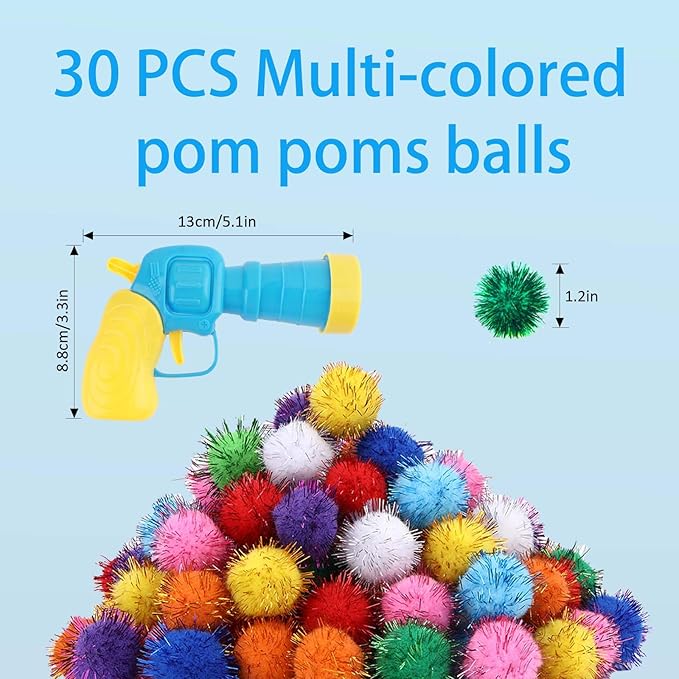102Pcs Cat Toy Gun Launcher - 100 Sparkle Pom Pom Balls and 2 Ball Launchers, Interactive Fetch Toy Shooter for Indoor Cats and Kitty