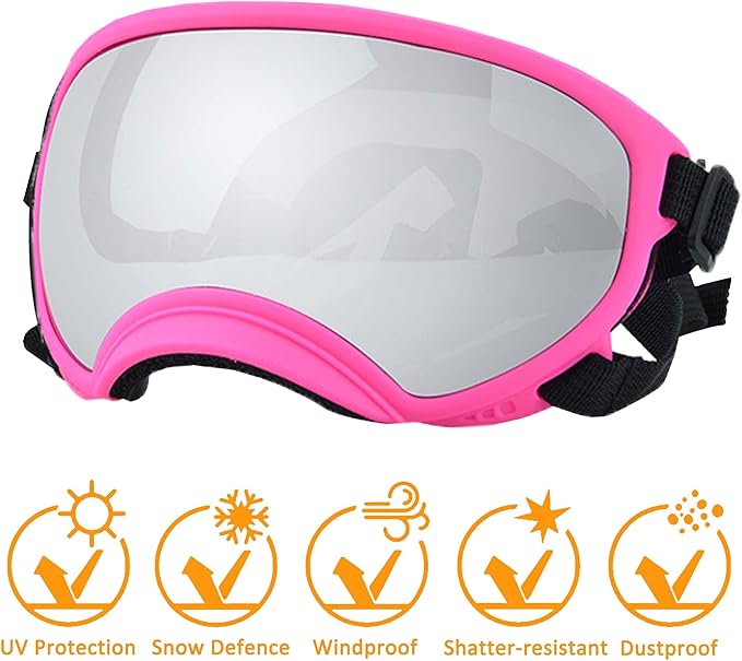 Large Dog Sunglasses with Adjustable Strap UV Protection, Winproof Puppy Sunglasses, Suitable for Medium-Large Pet Glasses, Dogs Eyes Soft Goggles, PinkSilver, (YD-23032706)