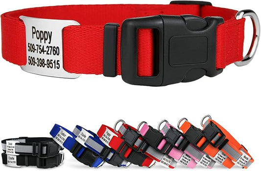 GoTags Personalized Dog Collar with Nameplate, Adjustable Dog Collar with Custom Engraved Slide On Pet ID Tag in Stainless Steel, Silent, No Noise Dog Tag for Large Medium and Small (Red, X-Small)