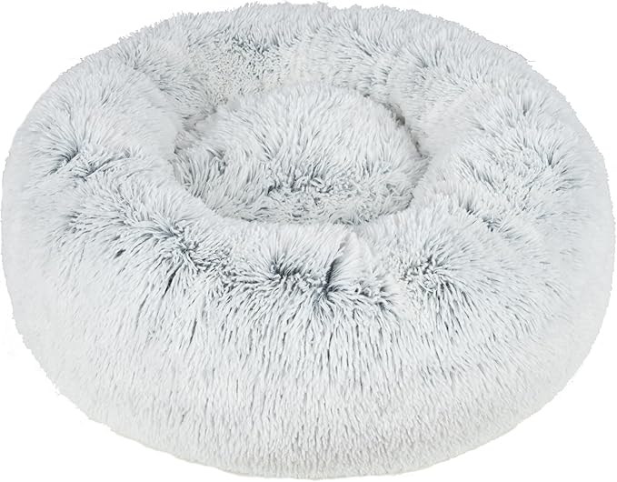 Best Pet Supplies Round Donut Dog Bed with Plush Faux Fur Fabric, Calming, Anti-Anxiety Cushion for Indoor Pets, Slip-Resistant Base, Soft Ergonomic Support - Light Warm Gray, 24x24x7''