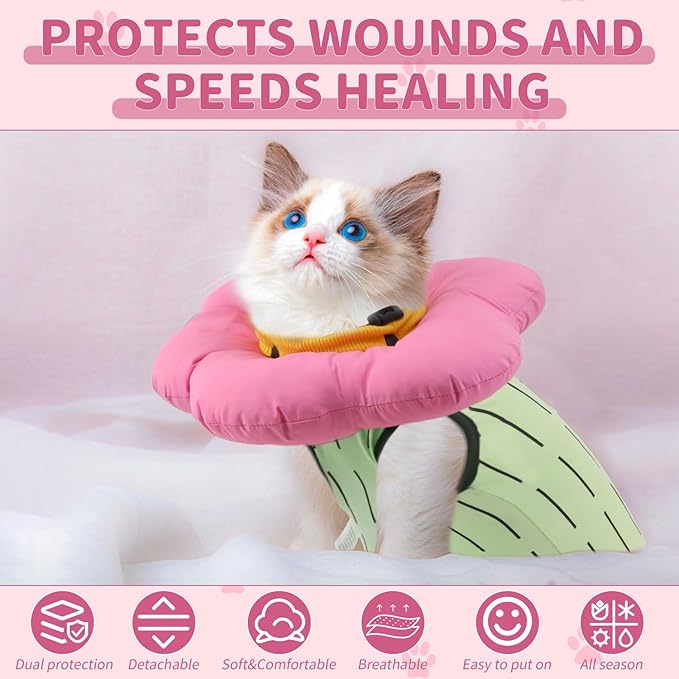 EMUST 2PCS Cat Recovery Suit and Cone Collar - Breathable Spay Suit, Adjustable Soft E Collar Alternative for Cats After Surgery - Green, L (8-16lb)