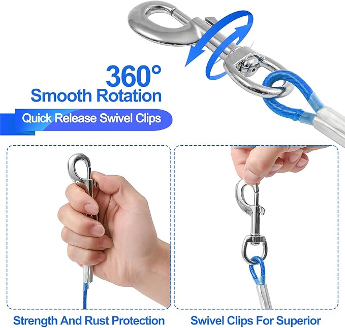 10FT Heavy Duty Dog Tie Out Cable for Large Dogs up to 125lbs, Durable Runner Tether Line (Blue)