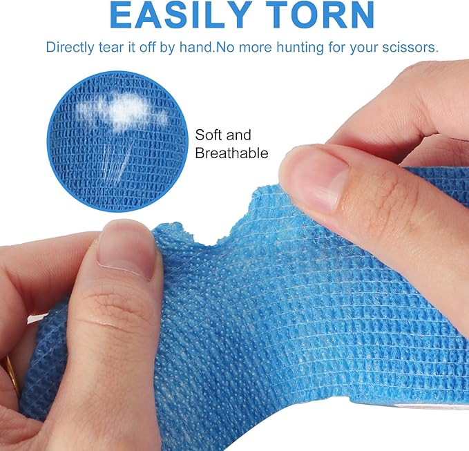 24 Pack Self Adherent Cohesive Wrap Bandages, 2” x 5 Yards Blue Athletic Tape, Medical Tape, Vet Wrap, Elastic Grip Tape for Sports Wrist Ankle Pet Ankle Swelling Sprains