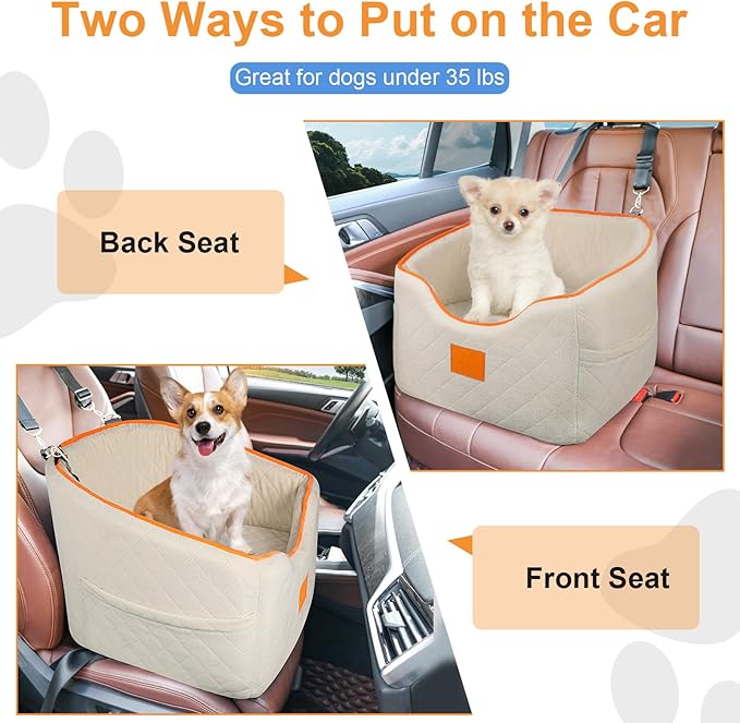 Dog Car Seat for Small Dogs, Memory Foam Booster Dog Seat for Dogs up to 35 lbs, Elevated Pet Car Seat, Travel Safety Pet Seat with Washable Removable Cover, Storage Pockets (Beige)