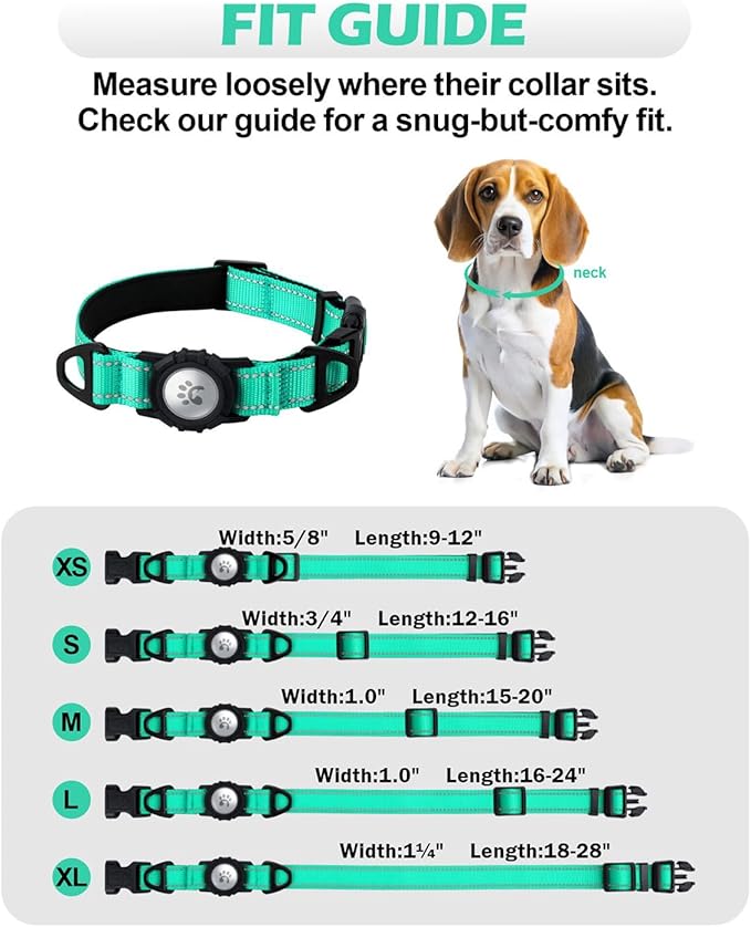 TagME Airtag Dog Collar,Waterproof Reflective Pet Collar with Airtag Holder,Soft Padded and Double D-Rings for Large Dogs,Turquoise
