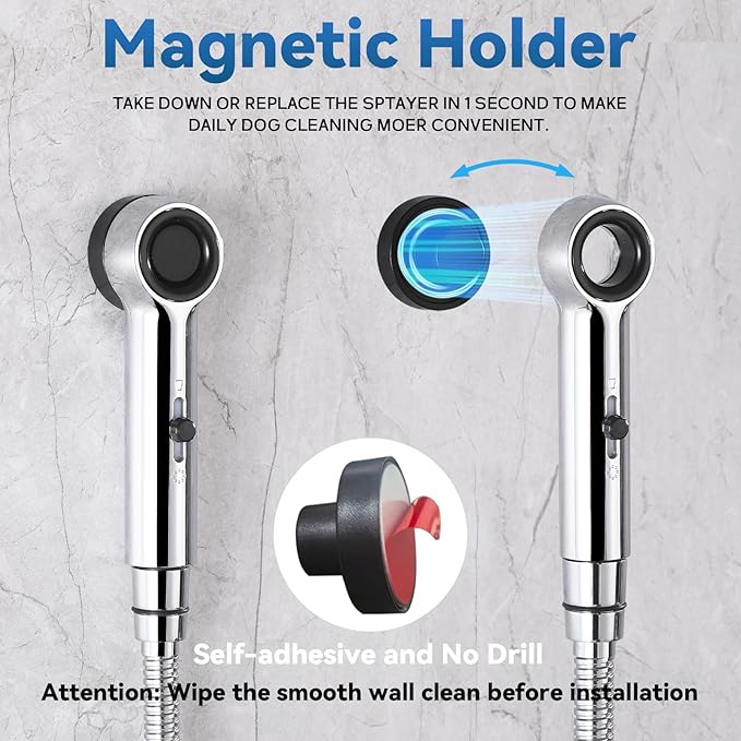 Dog Shower Attachment, 3 Mode Handheld Sprayer with ON/OFF Switch, G1/2" Metal Diverter, 100 Inches Stainless Steel Hose, No Drill Holder, for Pet and Dog Washing in Bathroom