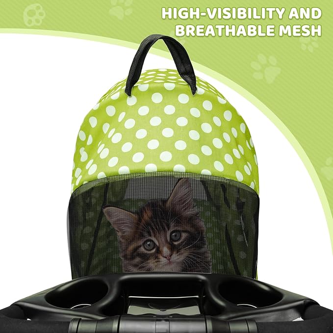 Magshion Foldable Pet Stroller, 3-in-1 Dog Travel Jogger with Detachable Carrier, Cup Holder, Storage Basket, Folding Carrier for Small/Medium Dogs & Cats Up to 33 lbs, Lawn Green Polka Dots