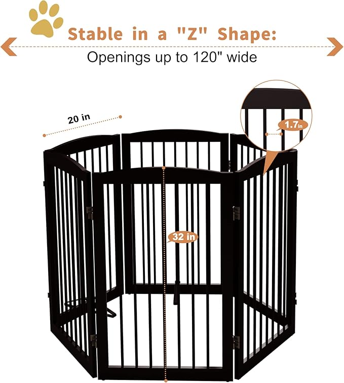 Freestanding Pet Gate for Dogs, Indoor Wooden Foldable Dog Gate for House, Extra Wide, Pet Fence for Stairs, Doorways, Halls, Support Feet Included, 120 Inch Wide, 6 Panels 32",Brown