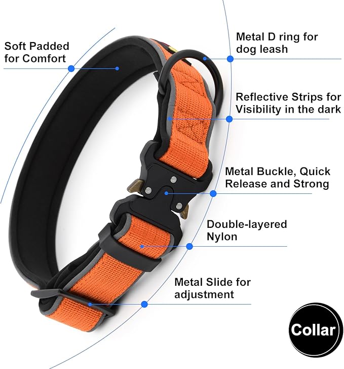 Plutus Pet Tactical Dog Collar, Reflective, Adjustable Heavy Duty Dog Collar, Soft Padded and Comfortable, for Small Medium and Large Dogs (Orange, L)