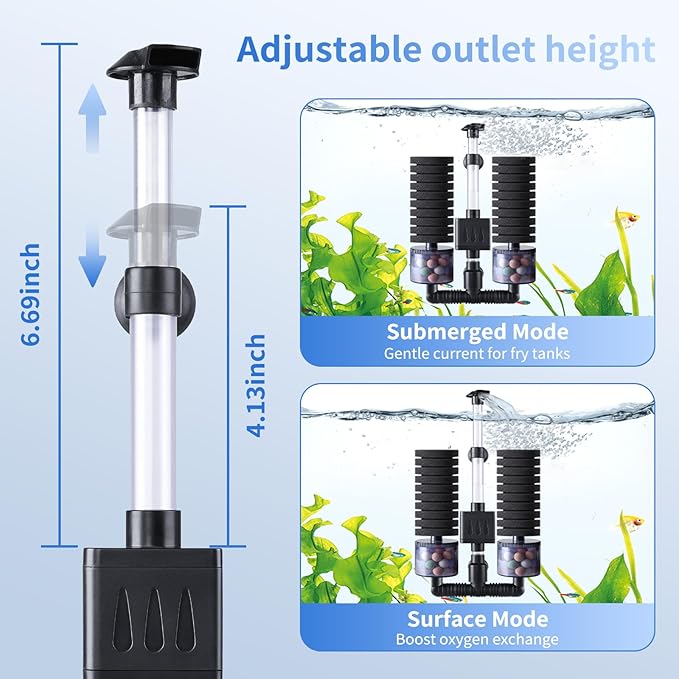 AQQA Electric Sponge Filter for Aquariums - Dual Bio & Mechanical Filtration, 8W 80 GPH Water Pump with Oxygenation & Water Circulation, Fits 15-55 Gallon Fish Tanks (110V/60Hz)