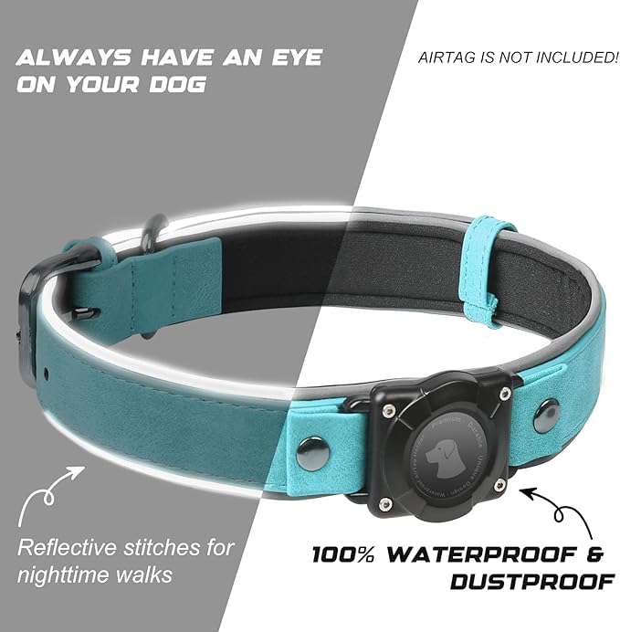 AirTag Dog Collar - Leather Dog Collar with Air Tag Holder | IPX8 Waterproof, Reflective, High - End, Adjustable Soft Padded | Dog GPS Tracker Collars Fit for Medium Large Dogs (Light Blue, XL)