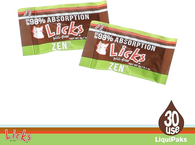 Licks Pill-Free Zen Cat Calming - Natural Calming Aid for Aggressive Behavior & Nervousness - Cat Treats for Stress Relief & Health - Gel Packets - 30 Use