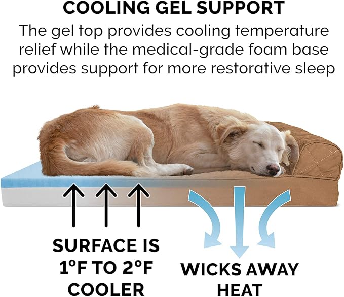 Furhaven Cooling Gel Dog Bed for Large Dogs w/ Removable Bolsters & Washable Cover, For Dogs Up to 125 lbs - Quilted Sofa - Toasted Brown, Jumbo Plus/XXL