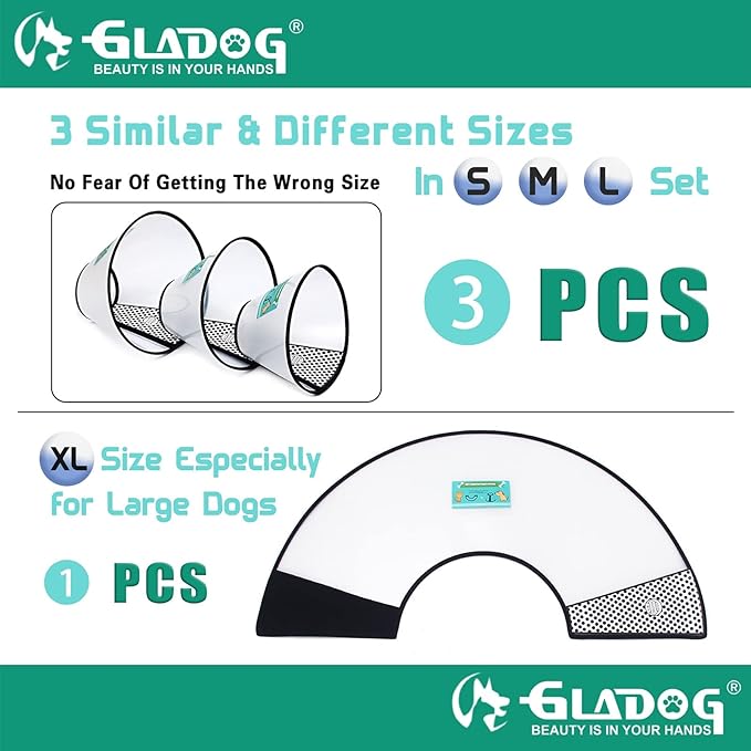 GLADOG Soft Dog Cone Collar, 3 PCS (XL is Only 1 PCS) Flexible Plastic Cone for Dogs After Surgery, Dog Recovery Collar, Adjustable E-Collar for Large/Medium/Small Dogs Cat, Comfy Elizabethan Collar